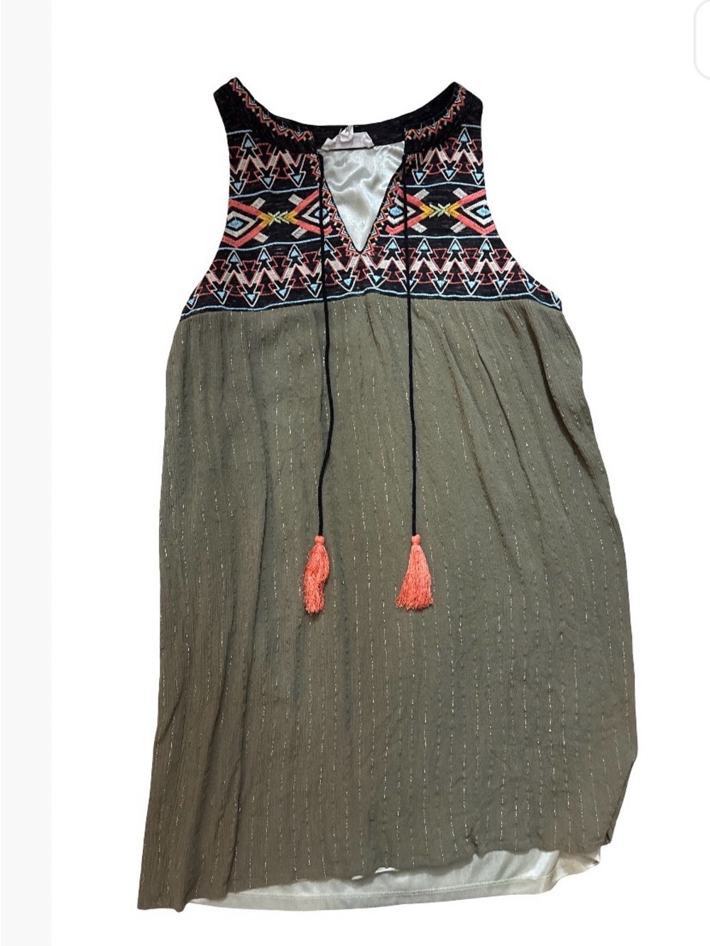 THML Olive Midi Dress with Embroidered Yoke and Coral Tassels